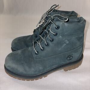 Timberland Premium 6-Inch Green Blue Leather Waterproof Boot Boys Size 3 EUC